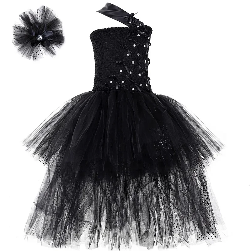 thumbnail image 1 of Vestido de tutú negro para niñas con cola, un hombro, lazo de diamantes de imitación, vestidos de fiesta de noche para niñas, vestido de baile de tul, disfraces de Halloween para niños, 1 of 5