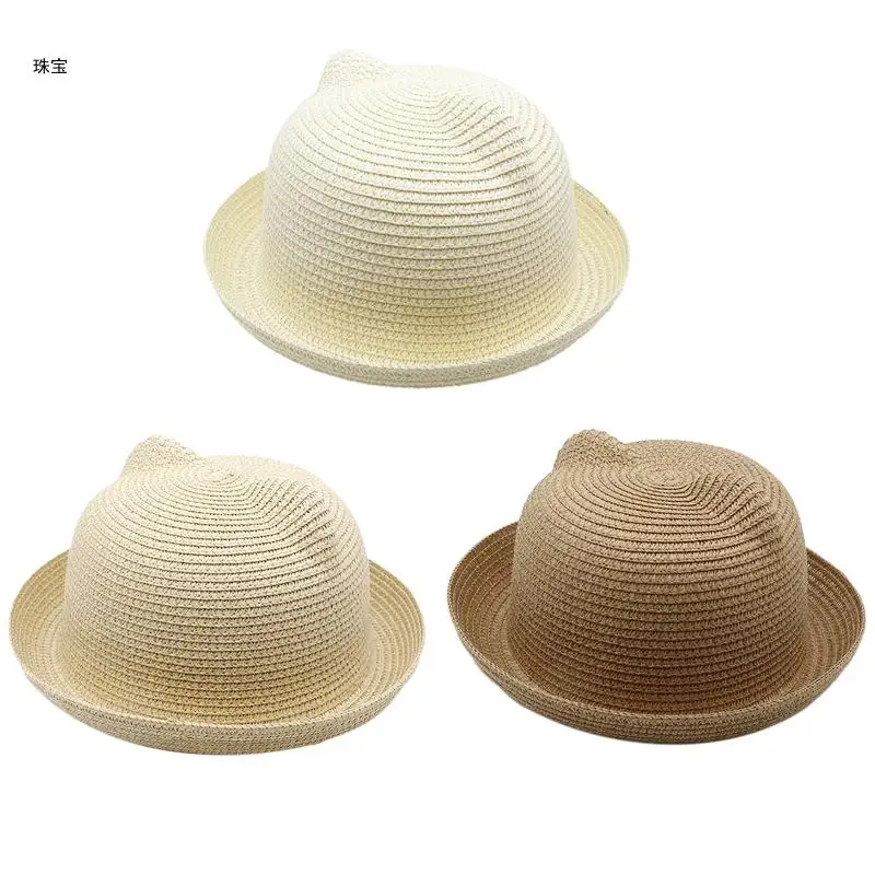 

X5QE Parent-child Straw Hat Summer for Cat Ears for Sun Hat Beach Sunshade Fisherman Hat Visor Hat for Street