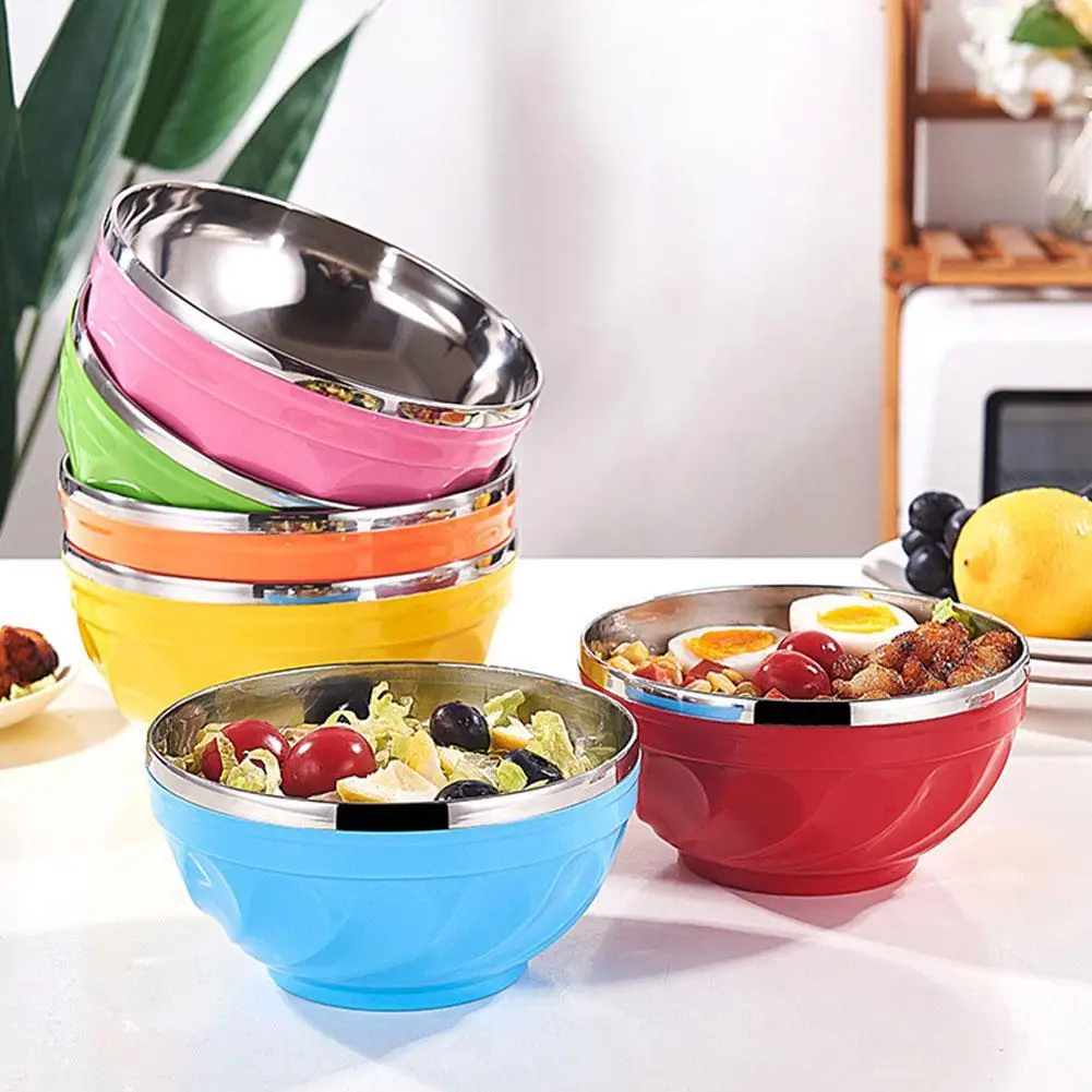 Candy Color Double-layer Stainless Steel Bowl Creative Noodle Soup Children Dinnerware Heat Insulation Rice