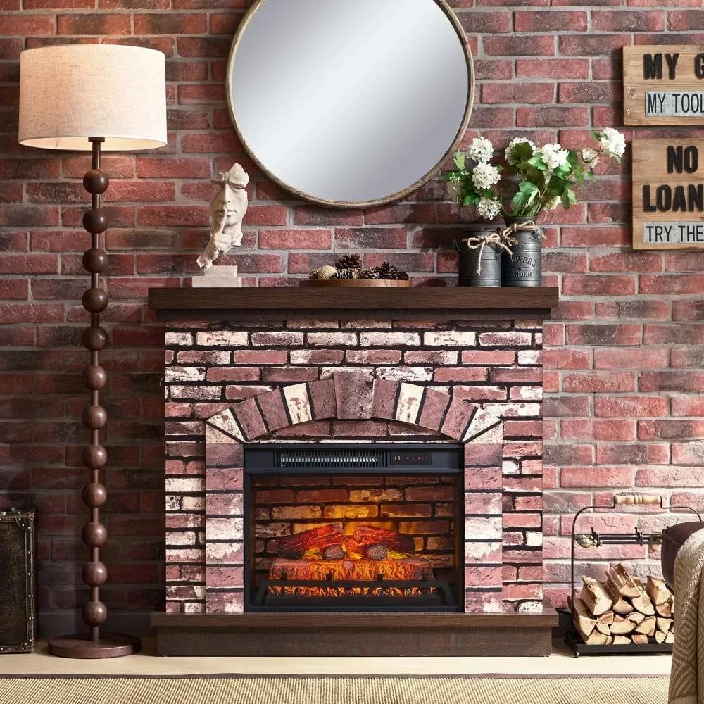 Farmhouse Electric Fireplace with Mantel, 42" Fireplace TV Stand with 23'' Freestanding Electric Fireplace Heater,Adjustable 3D 2