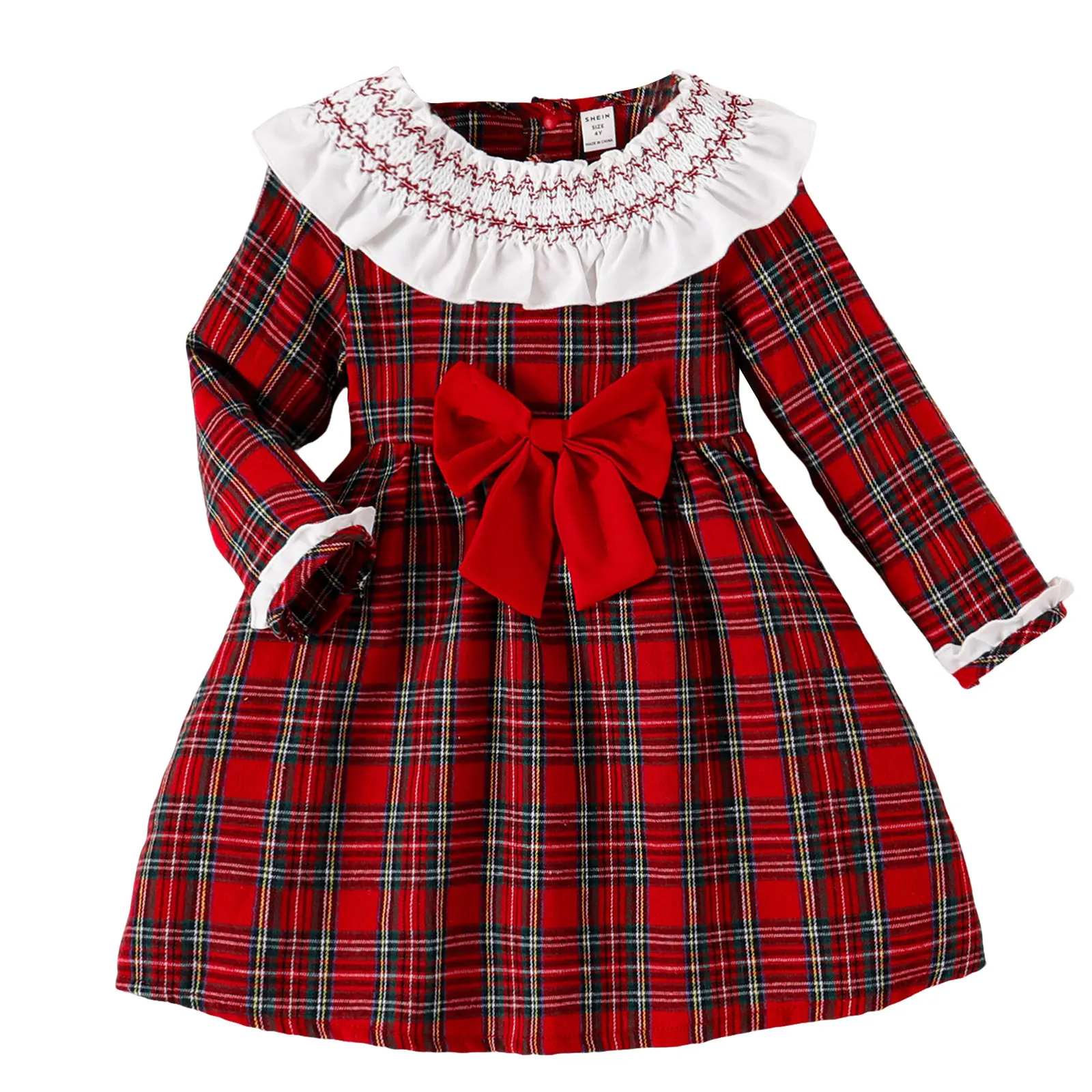 Toddler Outfits Red Plaid Girls Dress Long Sleeve Smocked Ruffle Collar with Big Bow Front Vintage Style Kids Party Dresses