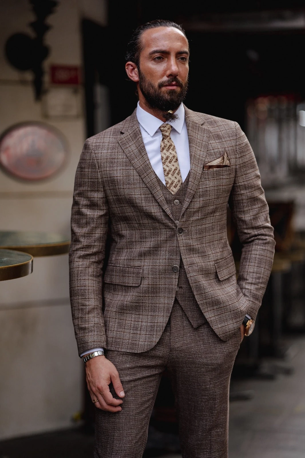Checkered Pinstripe Men's Suit 3 Pieces Blazer Pants Single Business Formal Work Wear Wedding Groom Plus Size Costume Homme