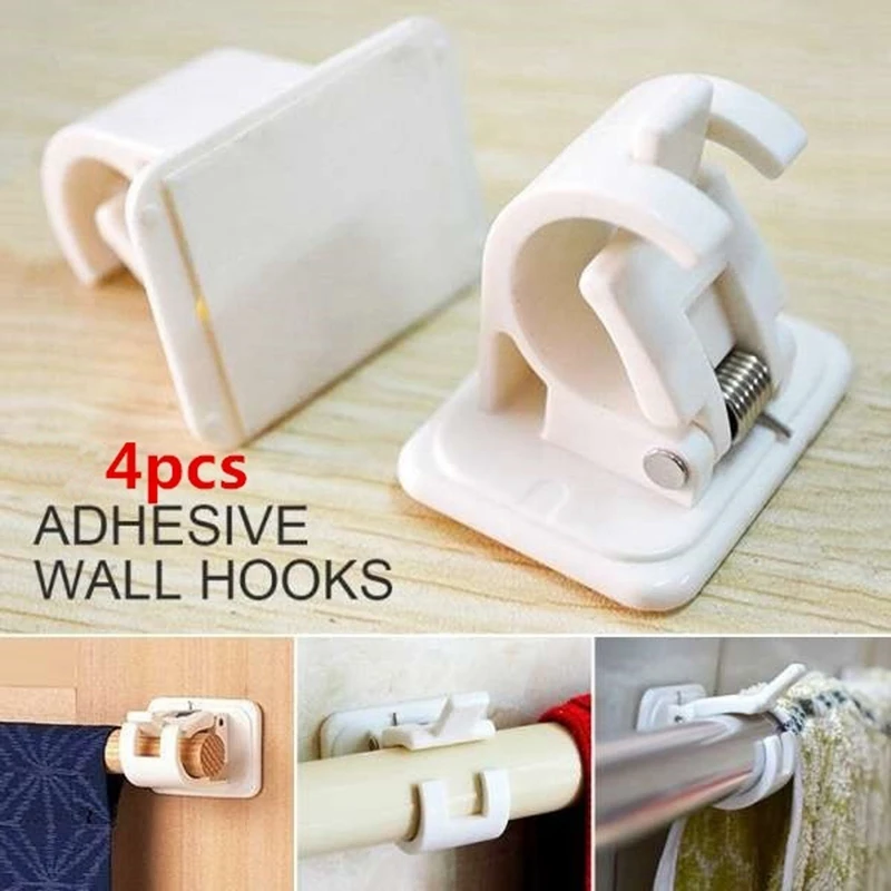 2Set 4Pcs Self-Adhesive Hooks Wall Mounted Curtain Rod Bracket Shower Curtain Rod Fixed Clip Hanging Rack