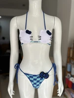 Blue Crochet Swimsuit Checker Bottom String Bikini Set With Blue Bowknot Fashion Swimwear Cute Beachwear Sexy Swimsuit Vacation 1