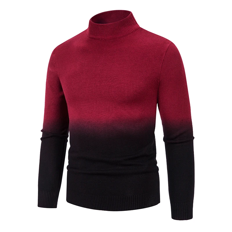 

New Gradient Man Sweaters Mock Neck Long Sleeve Knitted Sweater Pullovers Slim Fit Stand Collar Casual Patchwork Jumper