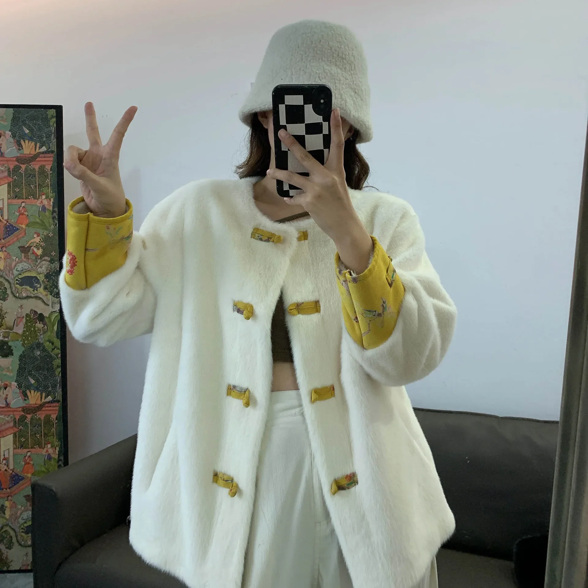 2022 New Imitation Mink European Mink Gold Mink Velvet Chinese Style Fur Environmental Protection Mao Mao Coat Slim Buckle New C