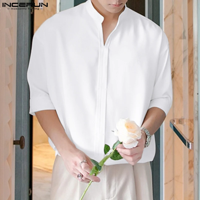 

INCERUN Tops 2023 Korean Style Men's Fashion Simple V-neck Blouse Casual Soild All-match Comfortable Medium Sleeved Shirts S-5XL