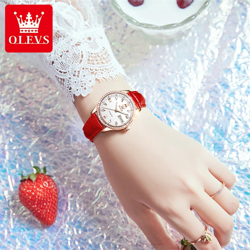 OLEVS Brand New Luxury Diamond Mechanical Watch for Women Leather Strap Waterproof Week Date Fashion Women Watches Montre Femme