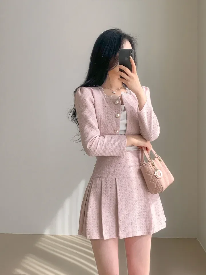 Korean Fashion Elegant Tweed Short Jacket Cropped Coats + High Waist Mini Skirts Suits Autumn New Slim Women Two-Piece Sets