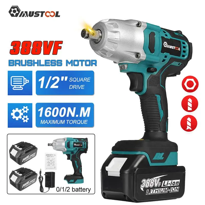 

800N.m Brushless Cordless Electric Wrench 1/2 inch Lithium-Ion Battery Cordless Wrench Power Tools klucz dynamometryczny