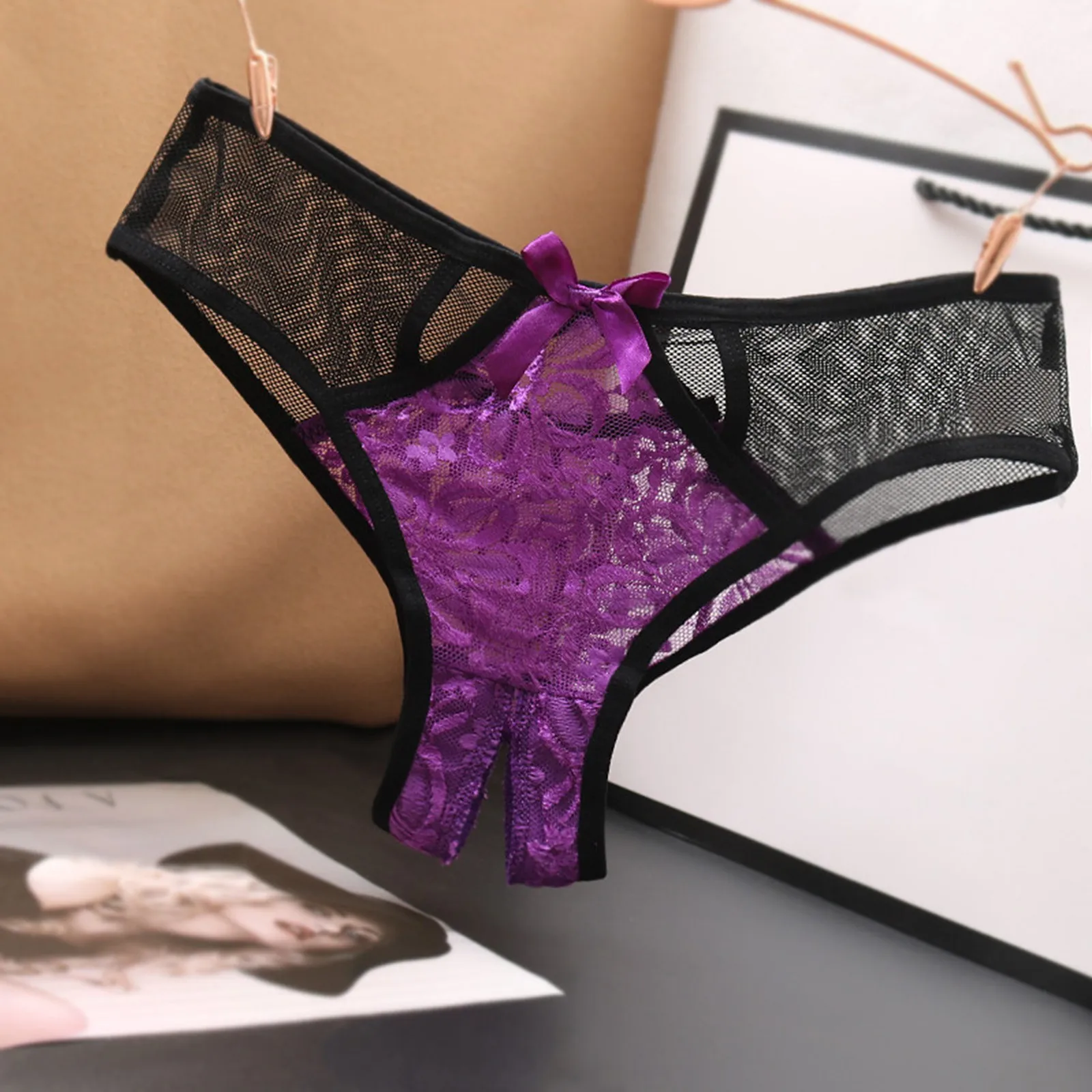 Low Womens Briefs Underpants Open Crotch Lace Underwear Waist Panties Transparent G-Strings Thongs Solid Bowknot Lace Underwear women lingerie