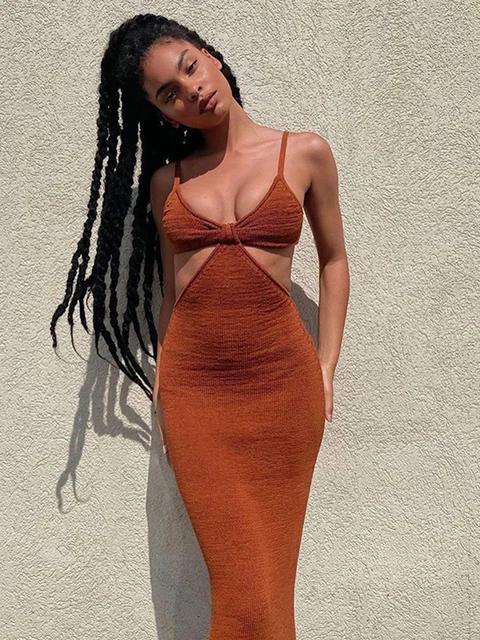 Cryptographic Spaghetti Strap Sexy Backless Maxi Dress Summer Holiday Women Dresses Party Club Elegant Hollow Out Dress Sundress brown