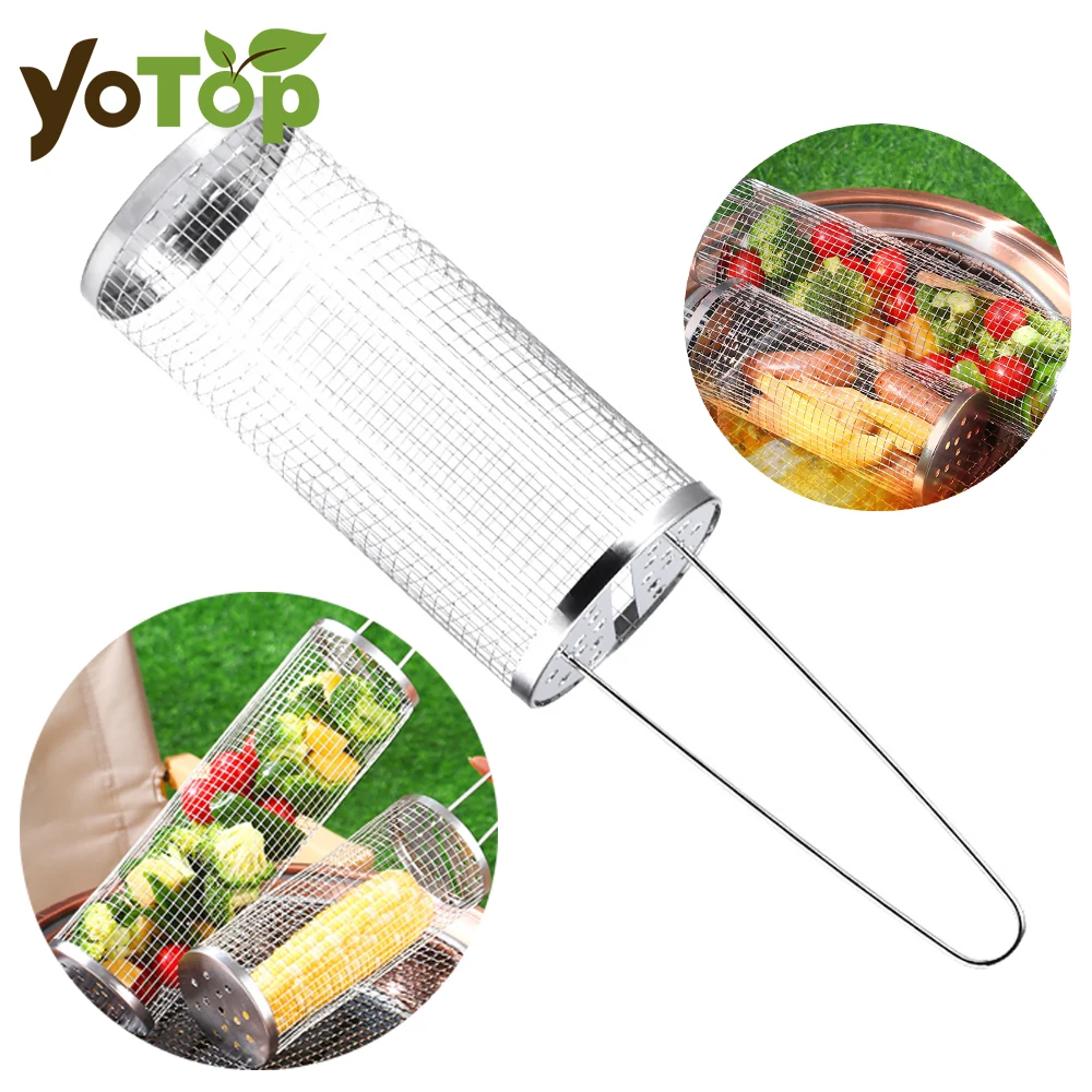Stainless Steel Grill Basket Portable Barbecue Cage Rolling Grilling Basket Barbecue Tool BBQ Outdoor Grill Accessories bbq basket