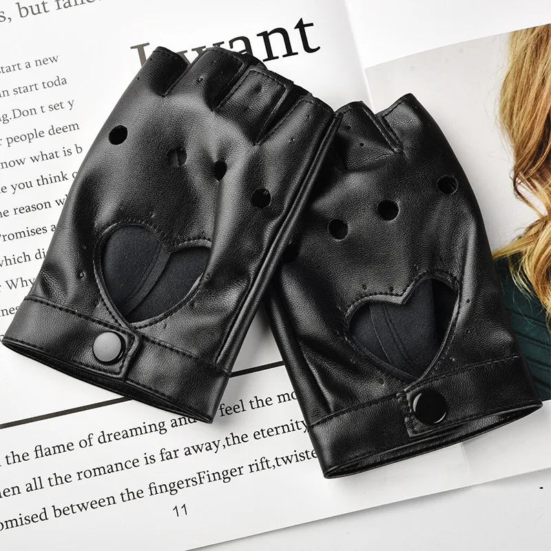 Women Fashion PU Leather Half Finger Gloves Heart Hollow Fingerless Gloves for Boy Dance for pu leather gloves