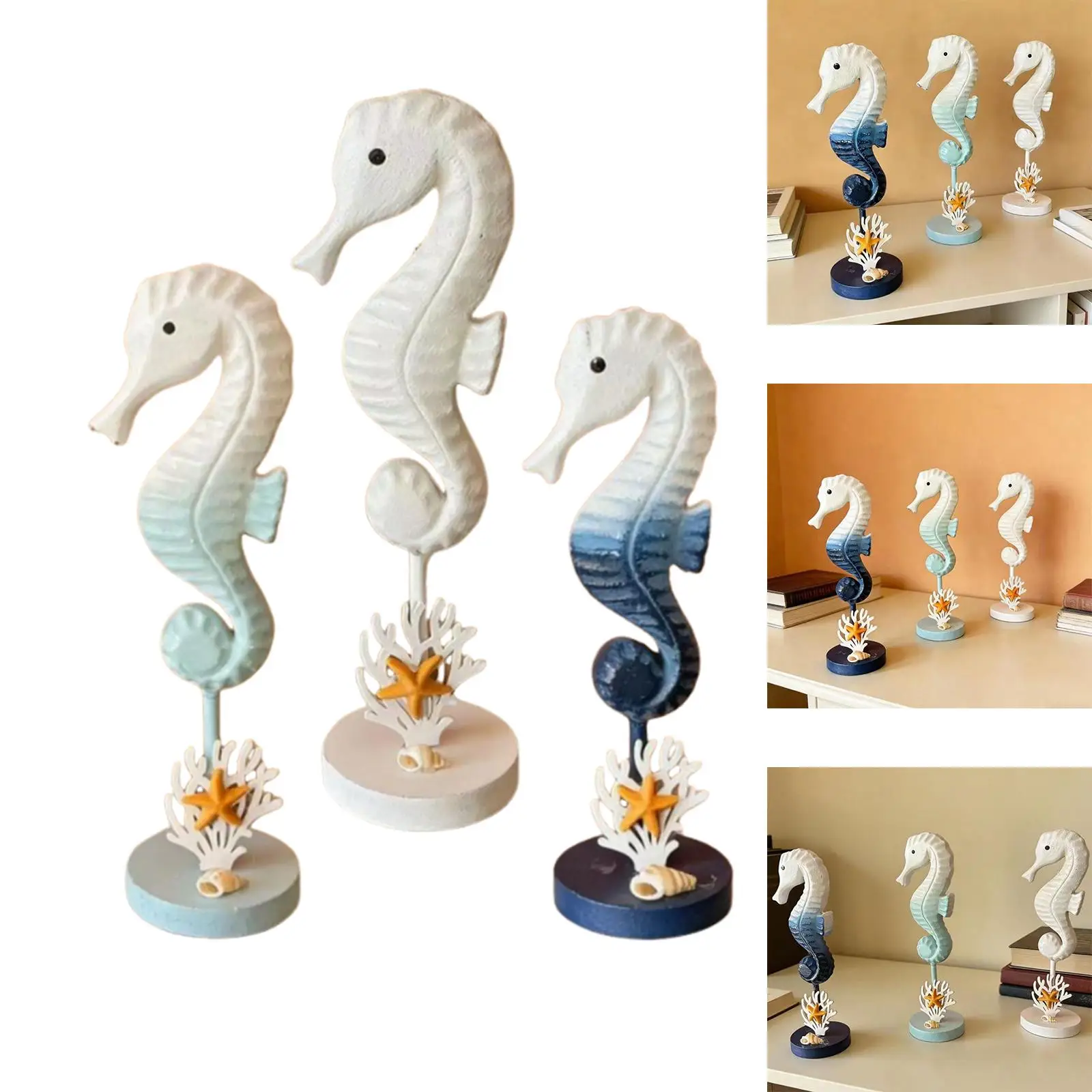 Beach Themed Seahorse Pendant Luxury Decorative Figurines Wooden Nautical Sculpture Sea Room Decor for Home Office
