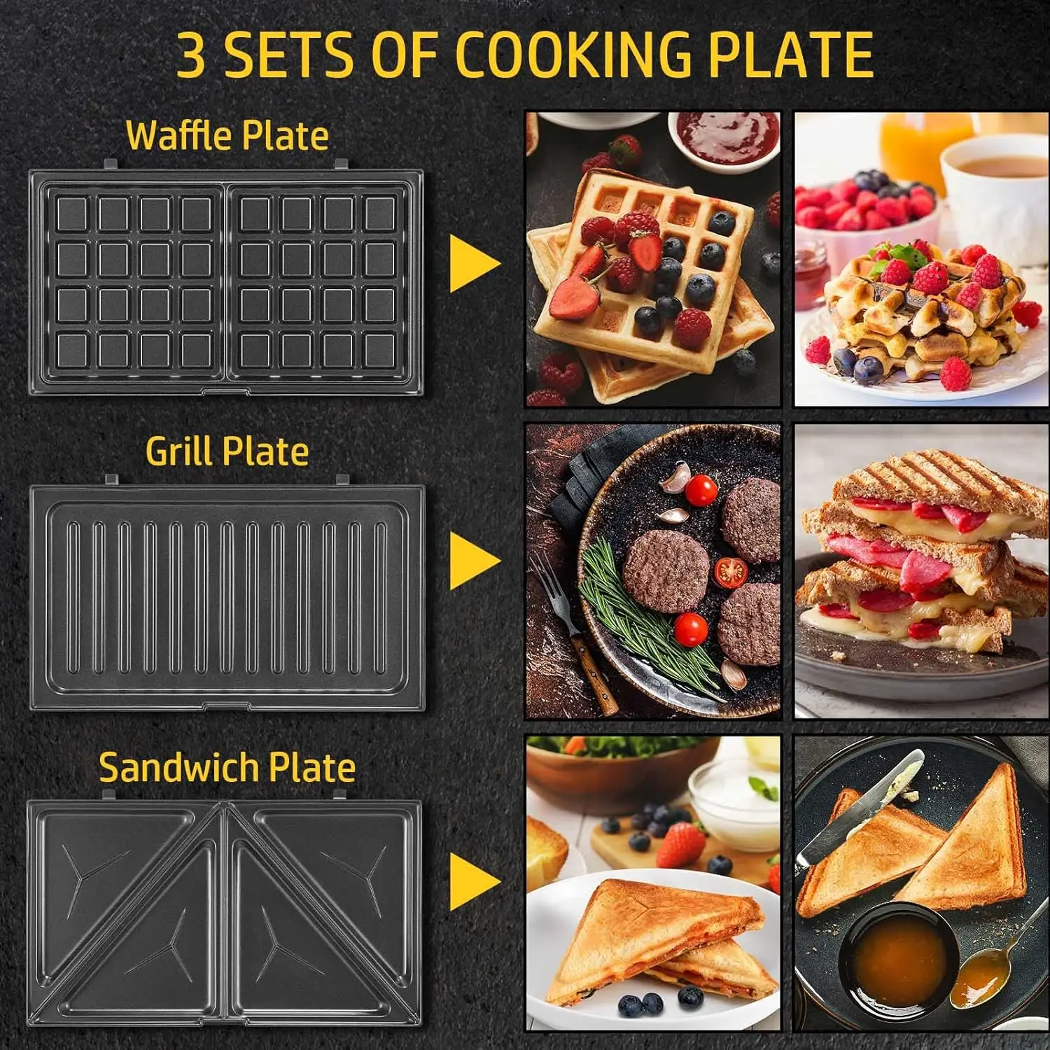 3 in1 Sandwich Maker Panini Press Waffle Iron Set with 3 Removable Non-Stick Plates 750 W Toaster Perfect for Sandwiches Grilled 2
