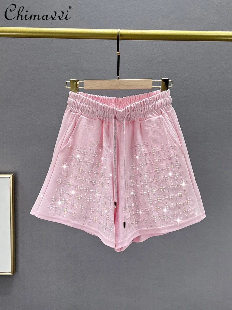 european-rhinestone-casual-shorts-for-women-2024-summer-new-high-waist-slimming-loose-heavy-wide-leg-pants-sweet-hot-pants