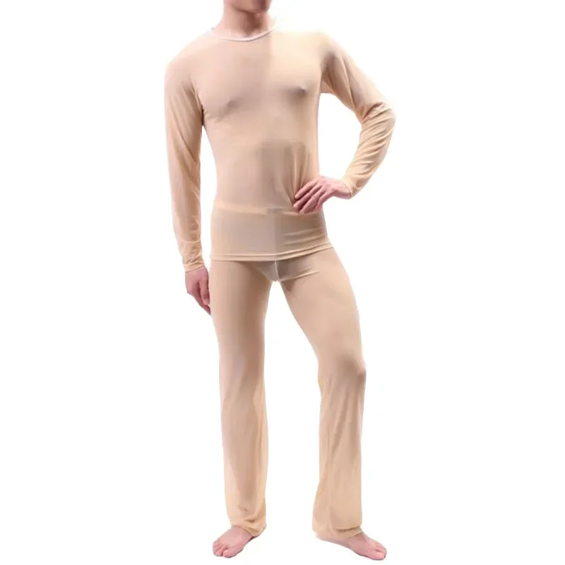 KWAN.Z pijama hombre thin transparent sexy men underwear pajamas sleepwear long sleevess pyjamas men mesh comfortable set