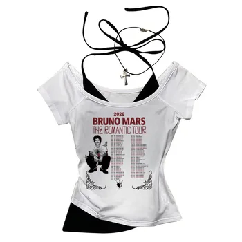 2026 Shirt Bruno Mars The Romantic Tour Women Fake Two-piece O-Neck Short Sleeves Crop Tops T-shirt