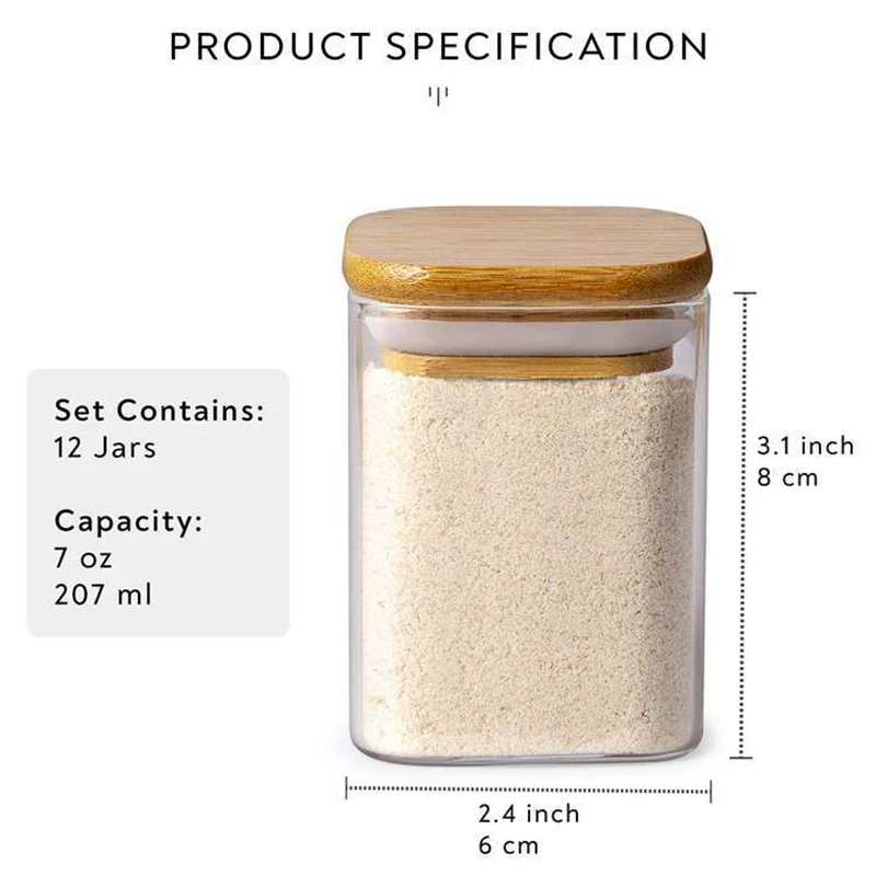 12 Units 200ml Square Glass Storage Jars Bamboo Cover Sealed Glass Bottle Kitchen Seasoning Storage Tank 5
