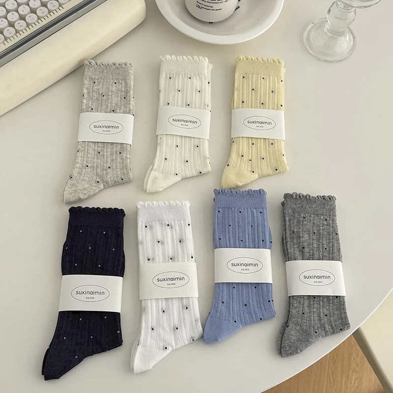 Summer Thin Polka Dot Women Socks Retro Harajuku Cotton Crew Socks Women Girl Fashion Soft Comfortable Japanese Kawaii Cute Sox