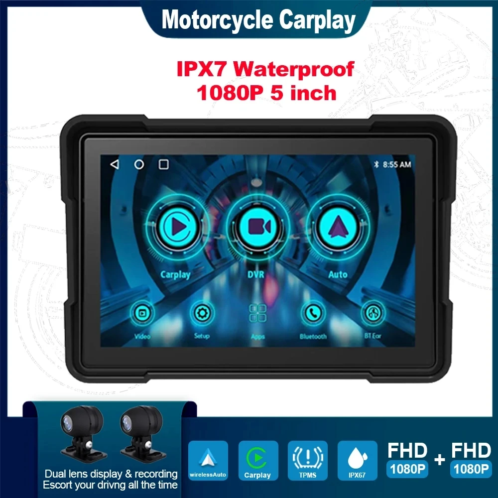 Android Auto Wireless Apple Carplay 5 Pollici Dash Cam Wifi Navigazione Gps Moto Display Impermeabile Schermo Moto Tpms