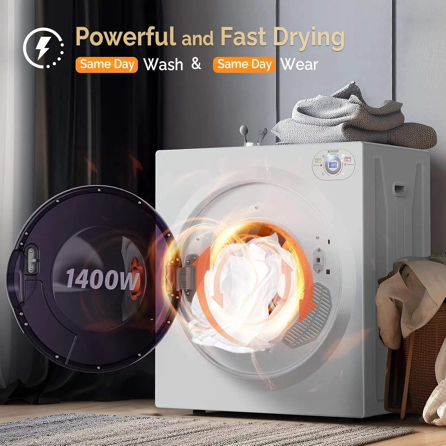 2.6 Cu.Ft Portable Clothes Dryer 1400W Fast Drying Front Load Tumble Laundry Dryer with Stainless Steel Tub LCD Control Panel