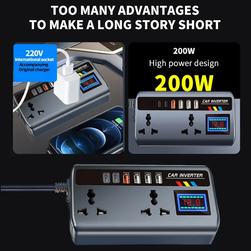 Car Inverter Outlet 12V/24V to 220V Car Converter for Plug Outlet Fast Charging Ports Portable Automotive Charger Inverter 3 USB
