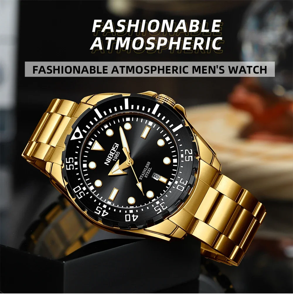 NIBOSI Mens Quartz Watches Luxury Gold Man Wristwatch Waterproof Fashion Clock Luminous Male Week Display Calendar Watches