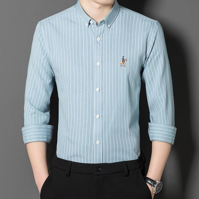 Men's 100% Cotton Oxford Striped Shirt Tops Casual Long Sleeve Shirt Embroidery Regular-fit Button-down Collar Thick Work Shirts