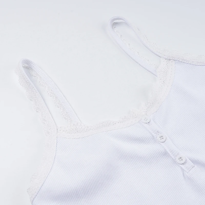 Button Up Lace Square Collar Slim White Camisole Women Y2K Basic Casual Cute Crop Top