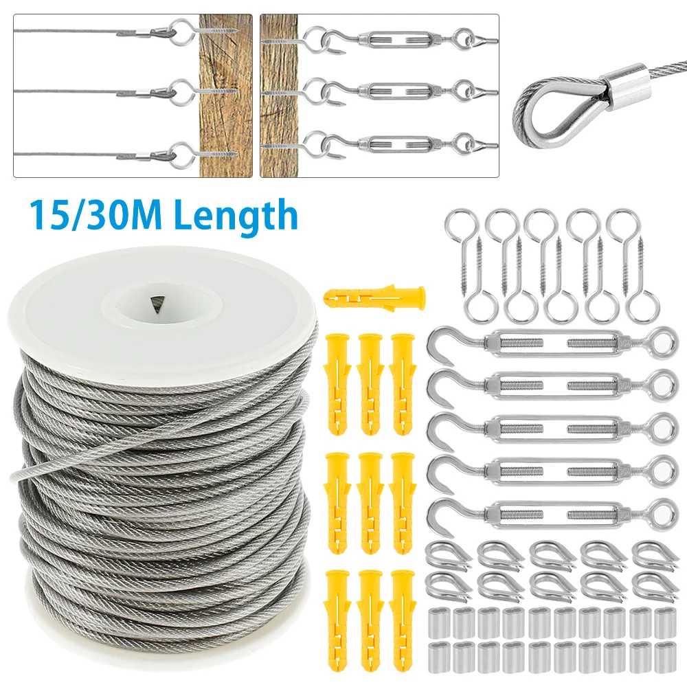 15M/30M Picture Wire Cable Railing Kit Garden Heavy Duty Screw Eye Screw Turnbuckle Wire Tensioner Strainer Coated Cable Rope stainless steel wire rope,stainless steel cable rope