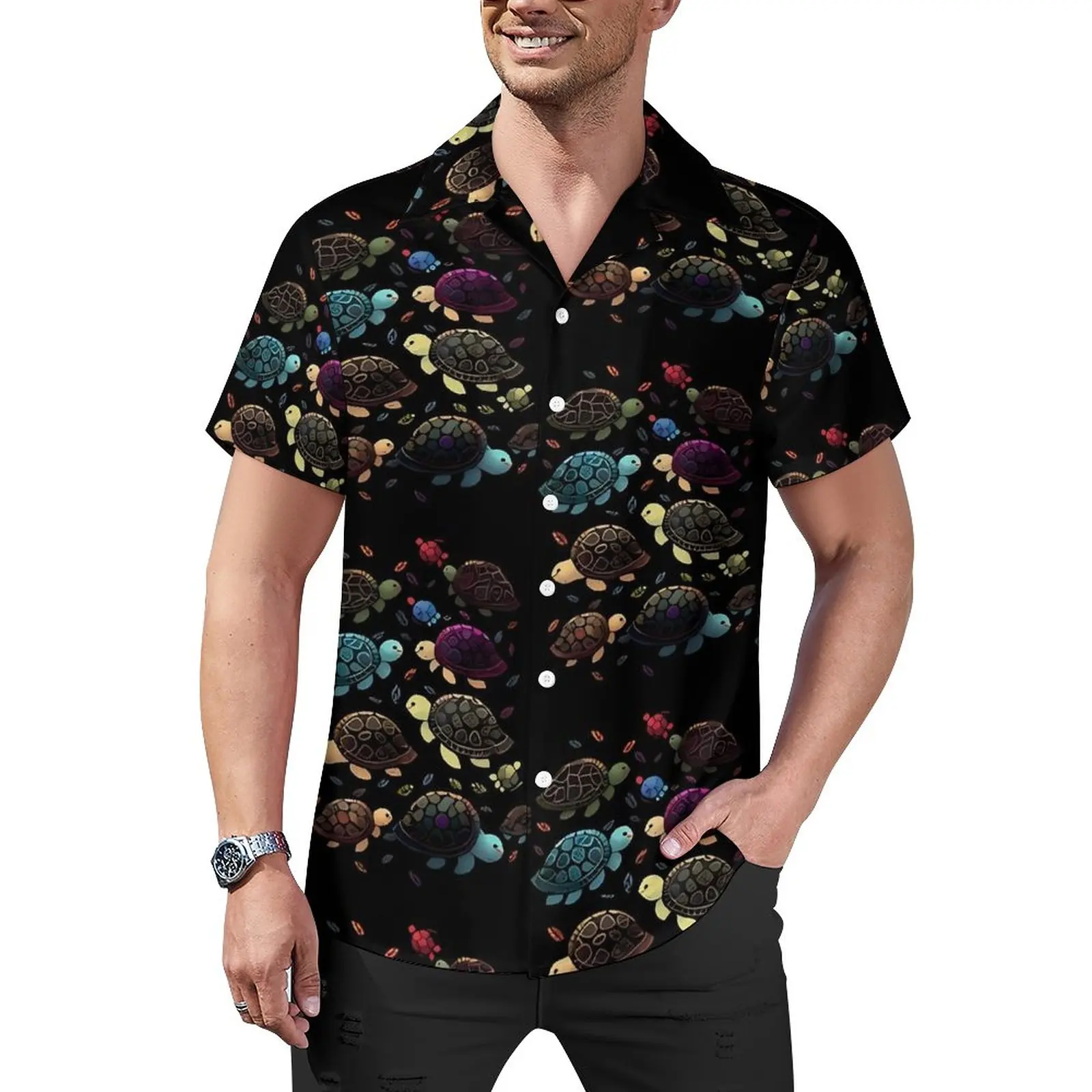 

Colorful Turtles Casual Shirts Cute Animal Vacation Shirt Hawaii Y2K Blouses Men Custom Plus Size 4XL