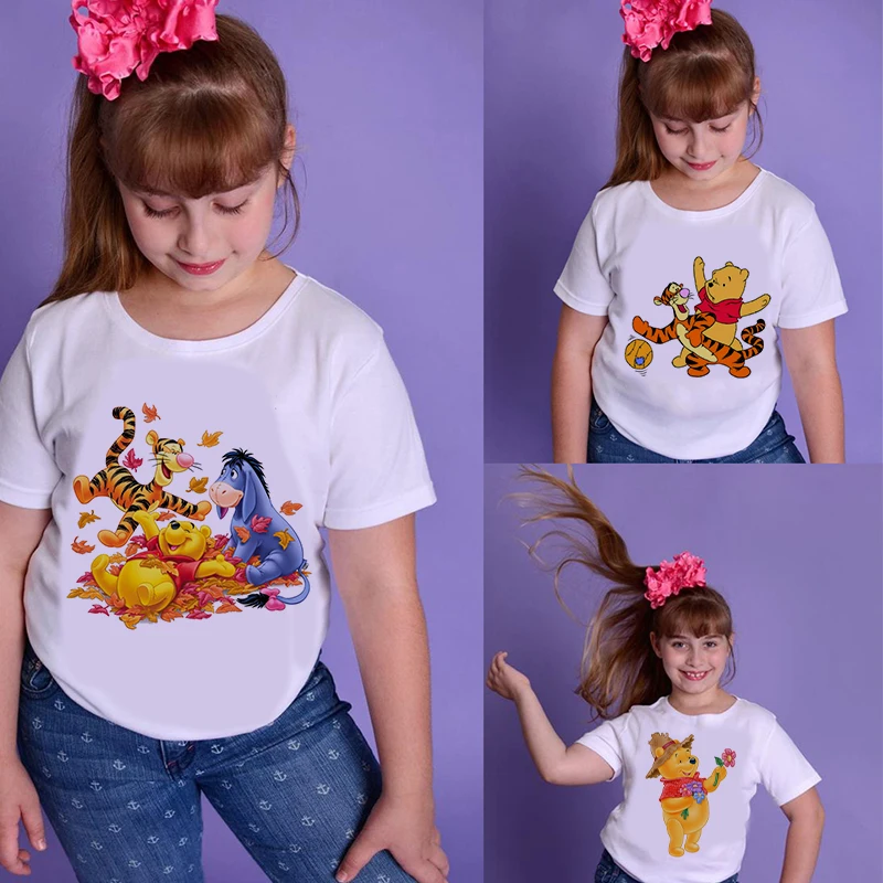 

Boy Tee Disney Kawaii Cartoon Anime T-Shirt Pooh Print White Crew Neck Top 2022 Summer New Cute Beautiful Clothes For Girls