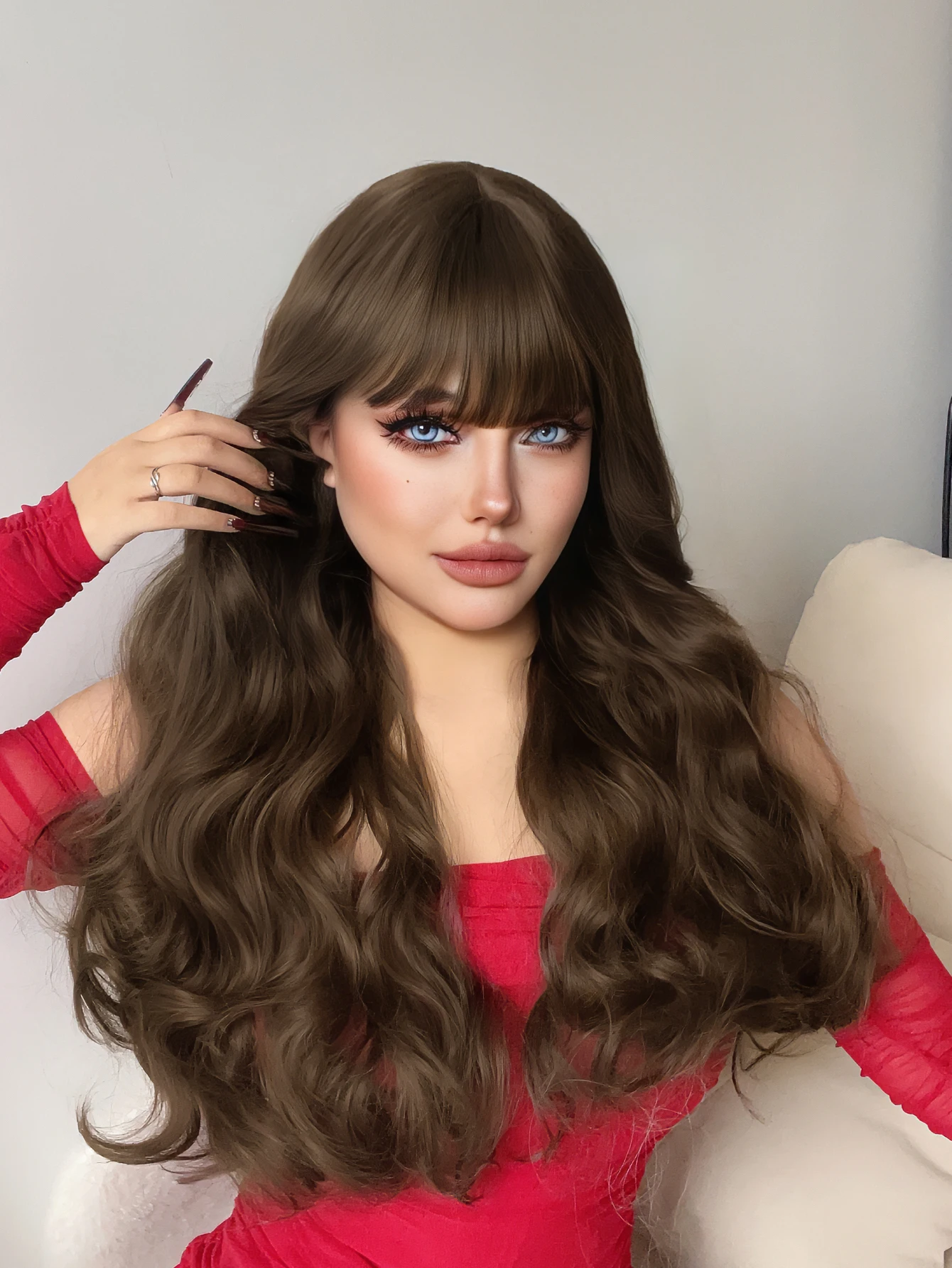 28Inch Chocolate Color Synthetic Wigs With Bang Long Natural Wavy Hair Wig for Women Daily Use Cosplay Daily Use Heat Resistant