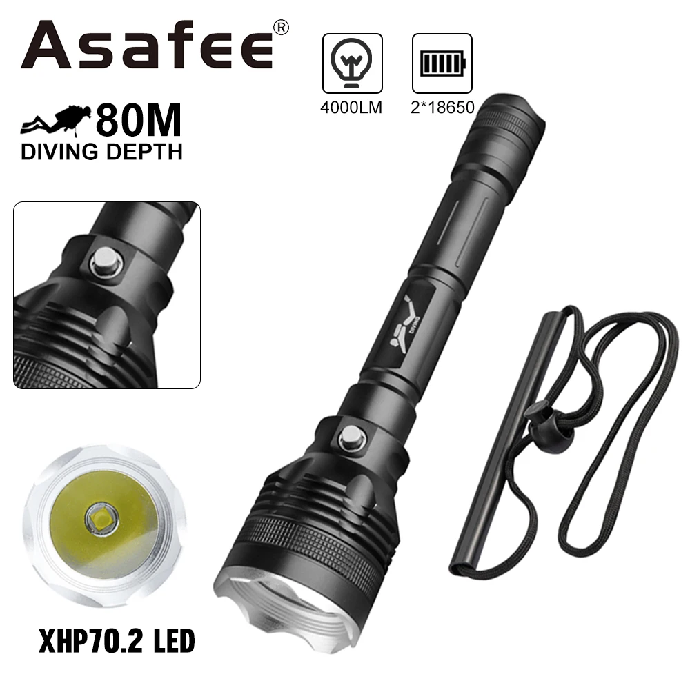 

Asafee FL027D 80M Underwater Scuba Torch P70 LED 4000LM Diving Flashlight Magnetic Switch IPX8 Waterproof Lamp Amphibious