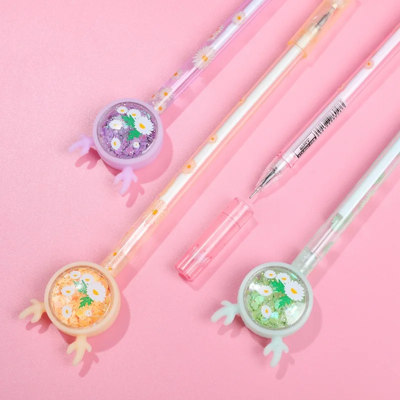 

24 PCs 0.5mm Black Ink Pens Set Cartoon Daisy Gel Pens Cute Creative Sequin Students Signature Exam Pen Wholesale Stationery