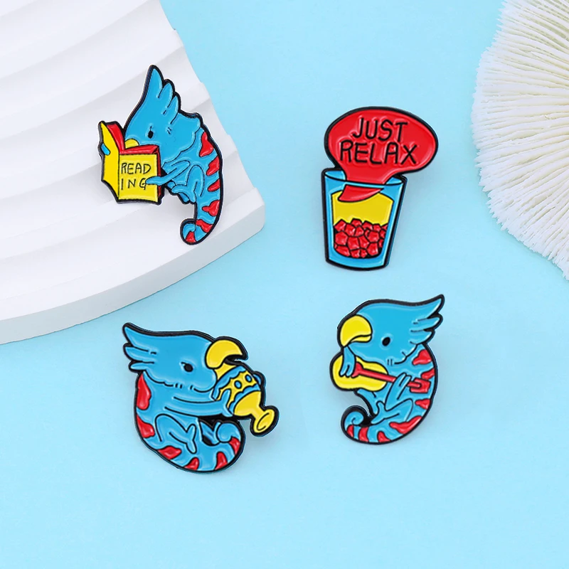 Cute Parrot Chameleon Spilla Blue Animal Just Relax Read Ing Smalto Pin Vestiti Distintivo Risvolto Per Bambini Gioielli Brincos Bijoux Regalo