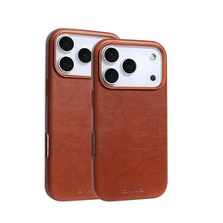Magnetic Leather Texture MagSafe Phone Case with Alloy Lens Bumper Cover - iPhone 13 Pro (Brown)