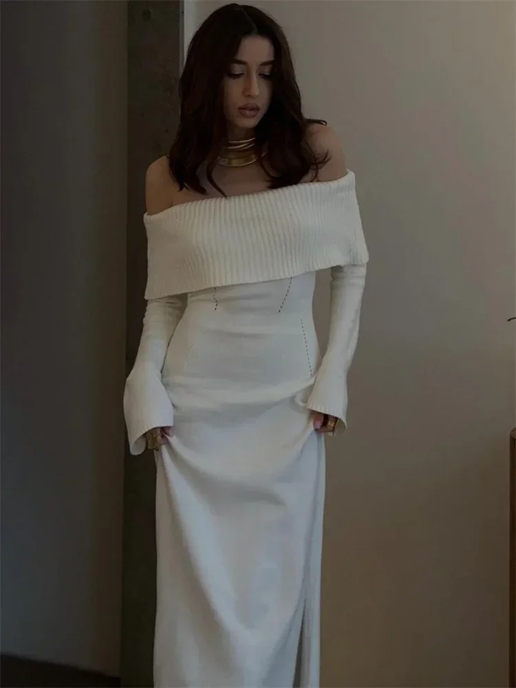 White Autumn Knit Sweater Long Dress Women Ribbed High Waist Fashion Off-Shoulder Loose Party Dress Female Knitwear Dress