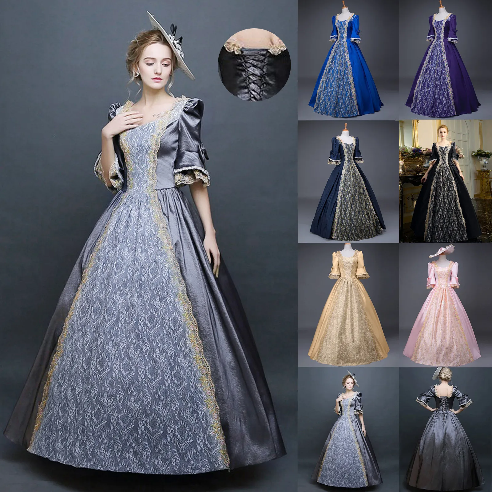 

Medieval Renaissance Victorian Ball Dress for Women Champagne Masquerade Costume Queen Ball Gowns Luxury Golden Applique Costume