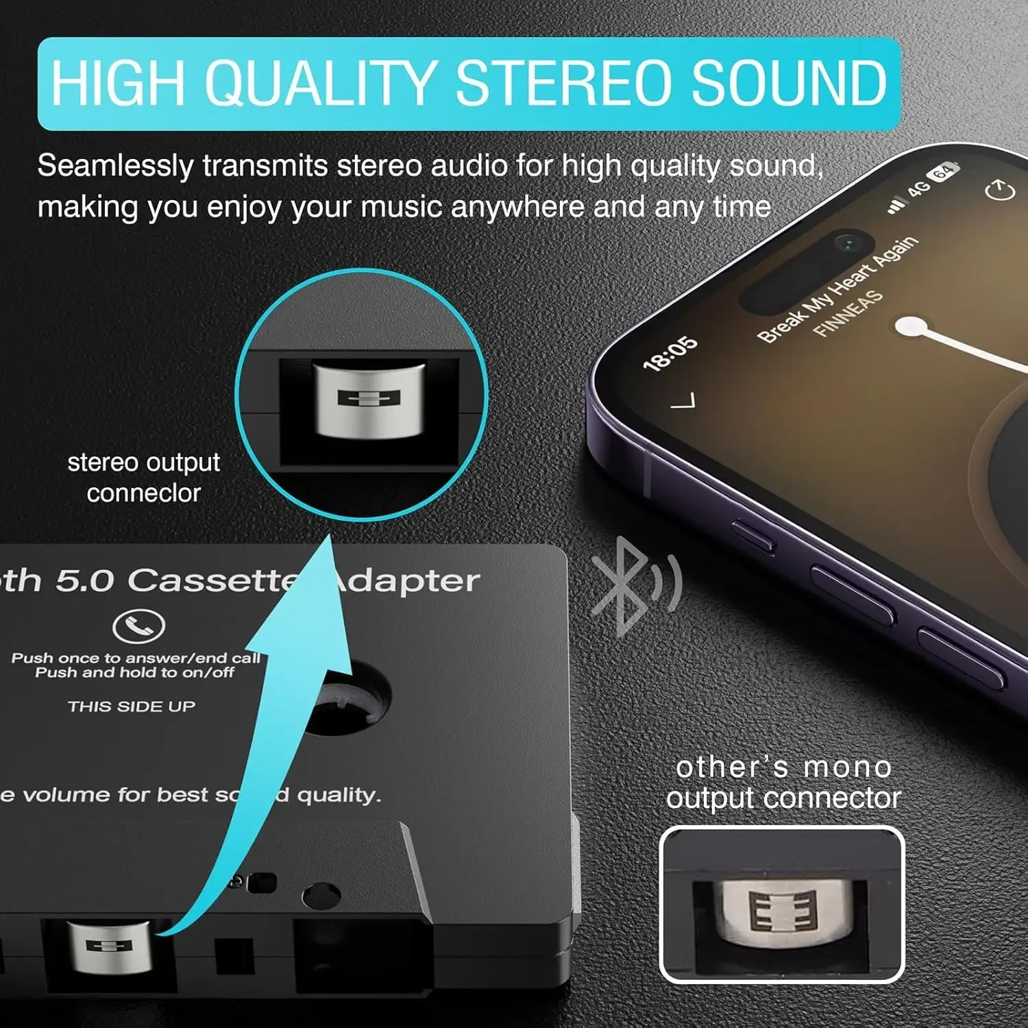 Car Cassette Audio Aux Adapter Bluetooth 5.0 Cassette for Listening to Mobile Music and Car Voice Hands-Free Calling