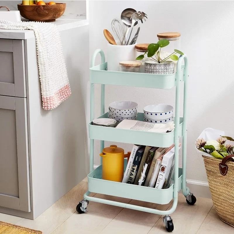 3-Tier Rolling Metal Storage Organizer Mobile Utility Cart Kitchen Cart with Caster Wheels for Bathroom Office