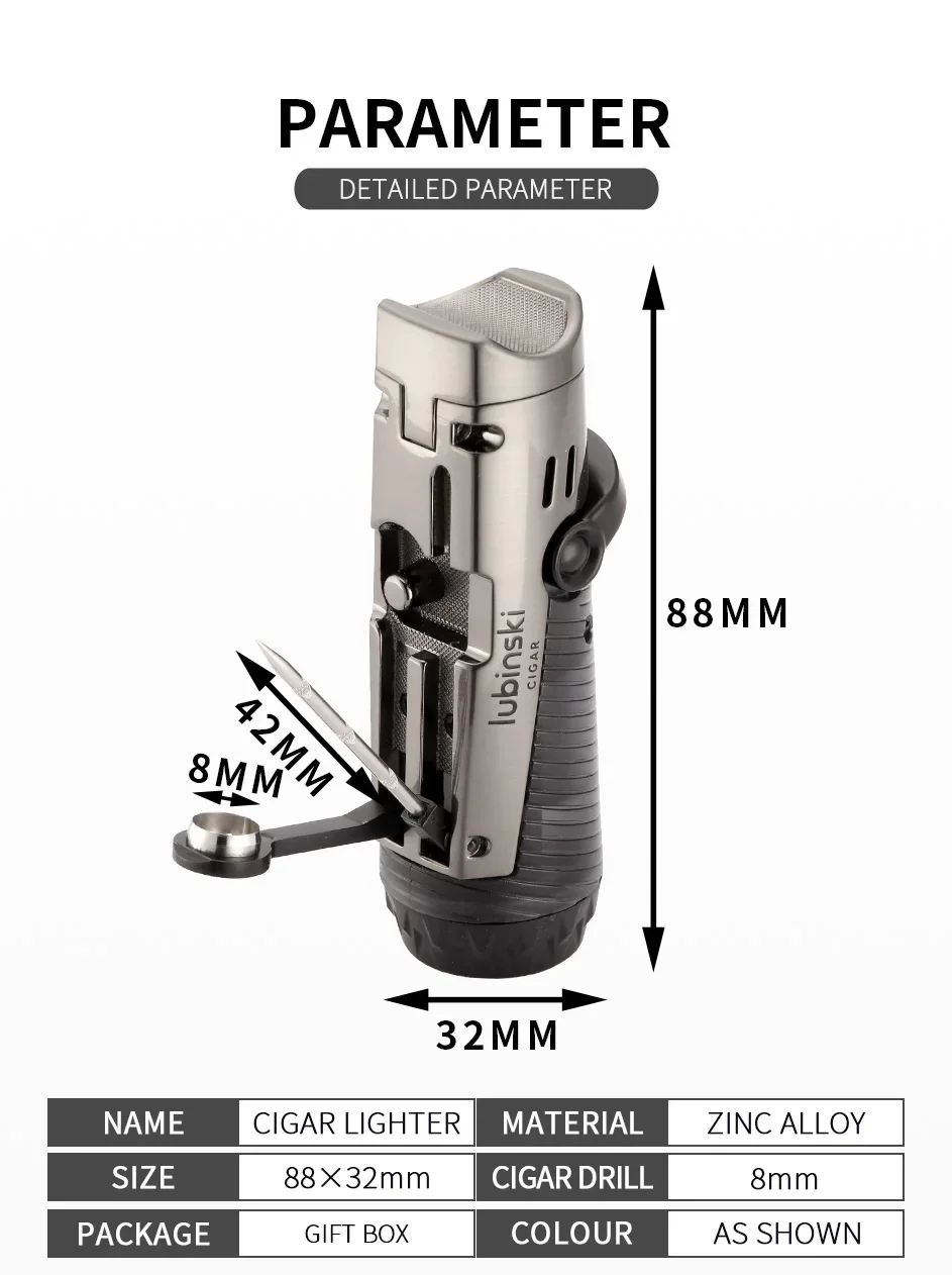 Description Picture 3 of itemLUBINSKI Lighter With Cigar Needles Drege Tool Cigar Lighter With Punch Cutter Mini Pocket Cigar Torch Lighters
