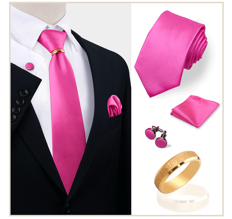 Luxus-Krawattenset in Uni-Farbe für Herren, Krawatte, Taschentuch, Manschettenknöpfe mit goldenem Metallring, Brosche, Anzug, Hochzeit, Herren-Accessoires – Detail 23