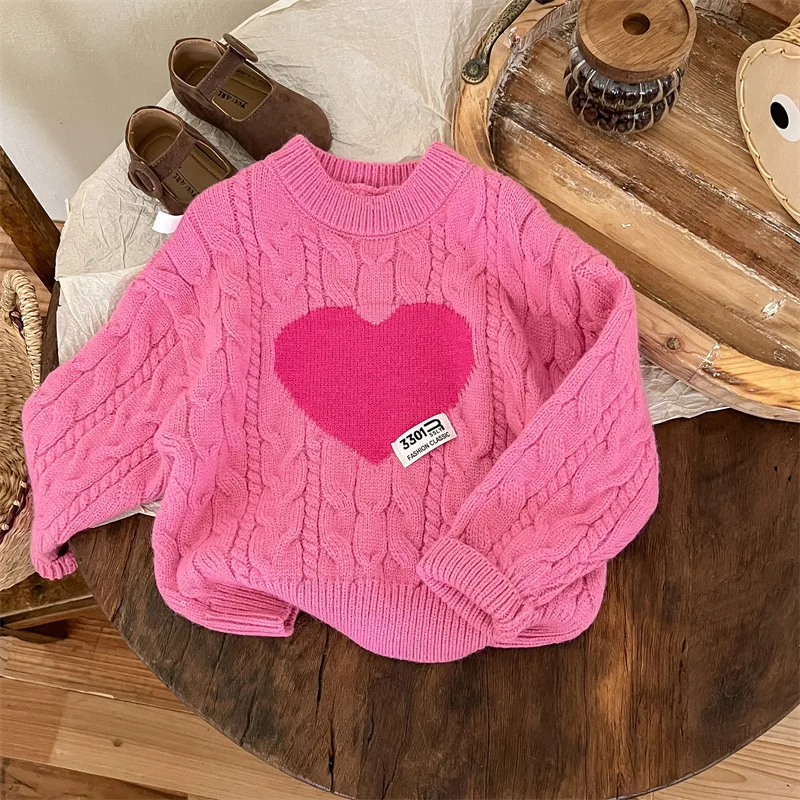 

Girls Sweaters 2024 Autumn Winter Pink Love Jacquard Long Sleeve Knitted Kids Girls Pullovers Children Girls Knitwears