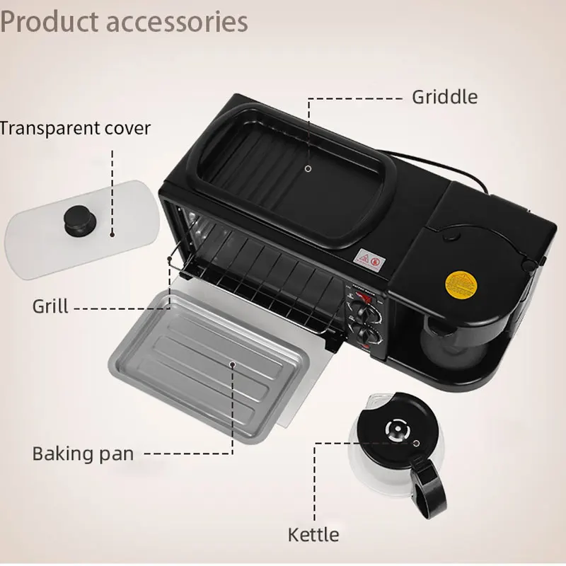 3 in 1 Multi-Functional Breakfast Maker,600mL Coffee Machine,9L Capacity Oven,Non Stick Coating Pan，Household Kitchen Appliances