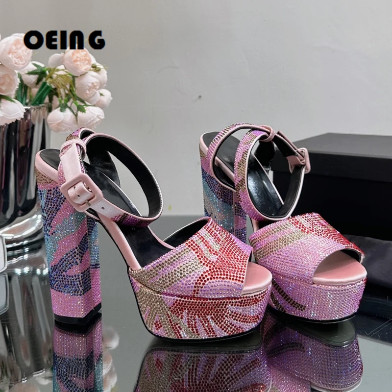 

Summer Women Crystal Embellished Sandals Sexy Peep Toe Satin Platform Sandals Chunky Sole Buckle Strap Shoes Zapatos De Mujer
