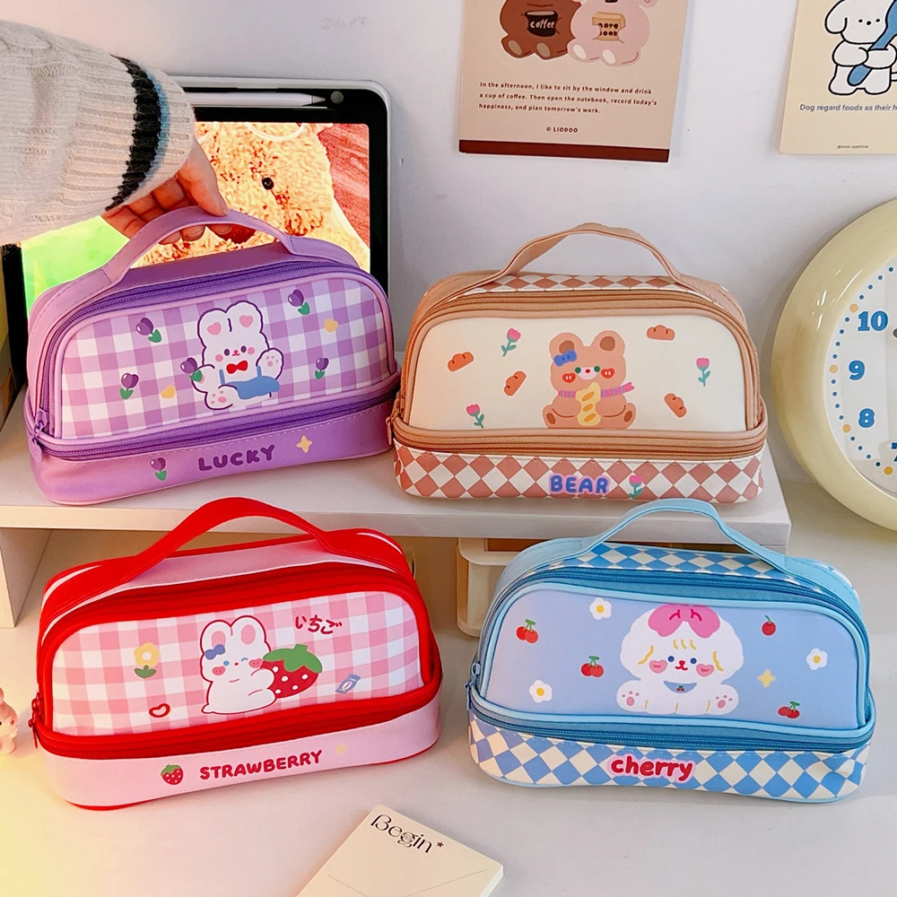

Kawaii Stationery Pencil Case School Pencilcase Girl Transparent Strawberry Bag Large Capacity Korean Pen Box Organizer Supplies