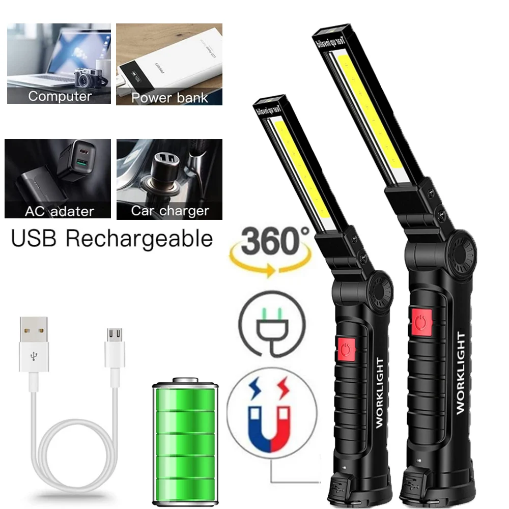 USB Flashlight Rechargeable Torch Tool Gifts Men LED Work Light Magnetic Base 5 Modes Home Outdoor Camping led flashlight
